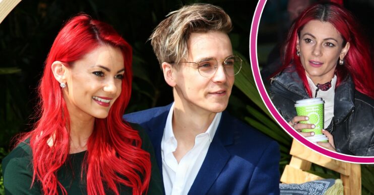 Picture of Dianne Buswell with her bright red hair and Joe Sugg sitting beside her. In a small pink circle frame to the right, another picture of Dianne.