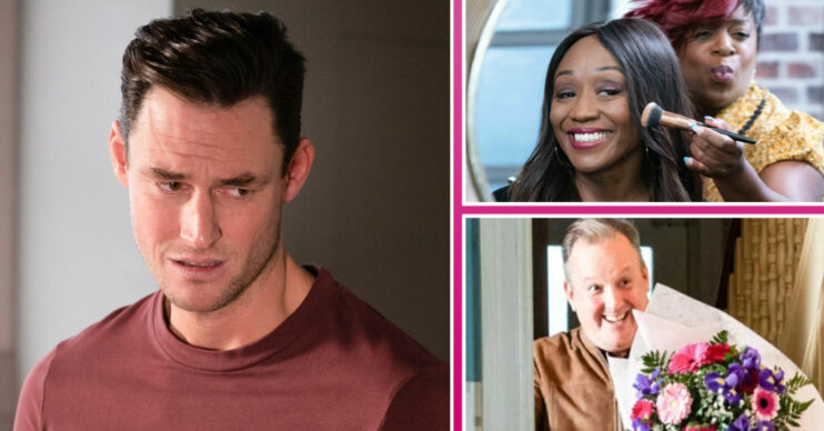 EastEnders' Zack is looking worried, Kim is smiling whilst doing Denise's makeup and, Harvey is smiling whilst holding a bouquet of flowers