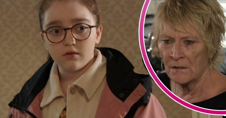 EastEnders' Scarlett is looking upset and, in a bubble, Shirley is crying