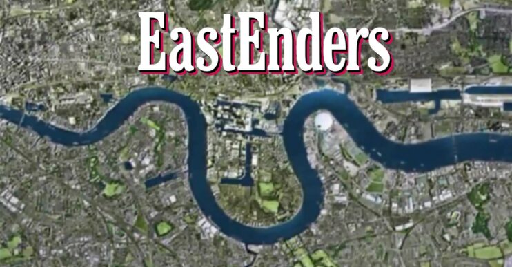 EastEnders background and pink bordered logo (Credit: BBC/Composite: Entertainment Daily)