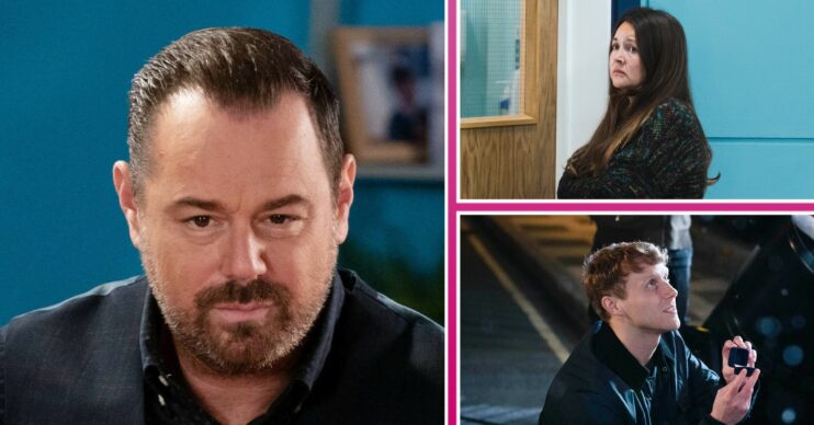 Mick looking worried, Stacey looking worried and Jay on one knee looking hopeful in EastEnders
