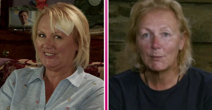 Eileen smiling in Coronation Street and Sue Cleaver on I'm A Celebrity... Get Me Out Of Here