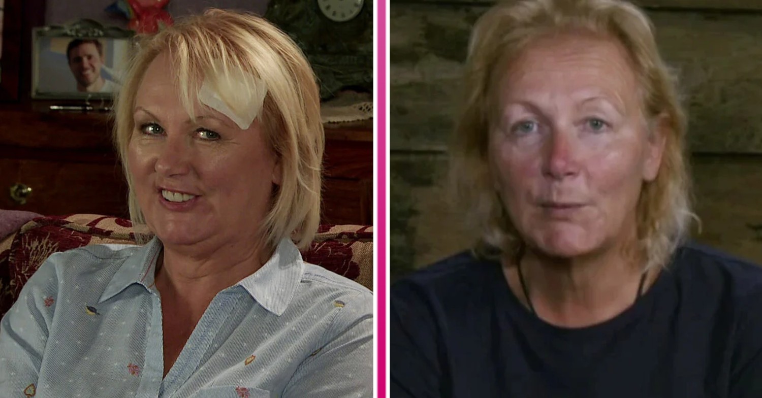 Eileen smiling in Coronation Street and Sue Cleaver on I'm A Celebrity... Get Me Out Of Here
