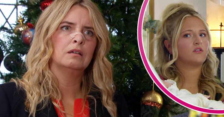 Emmerdale's Charity has a plaster on her nose and is looking angry, and in a bubble, Amelia is looking shocked