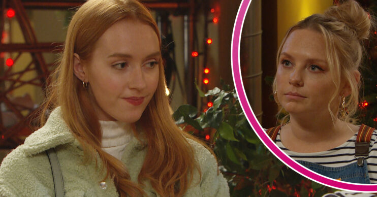 Emmerdale's Chloe is showing a small smile, and in a bubble, Amy is looking concerned