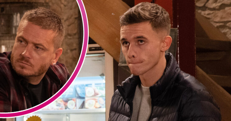 Emmerdale's Jacob is looking guilty and, in a bubble, David is looking upset