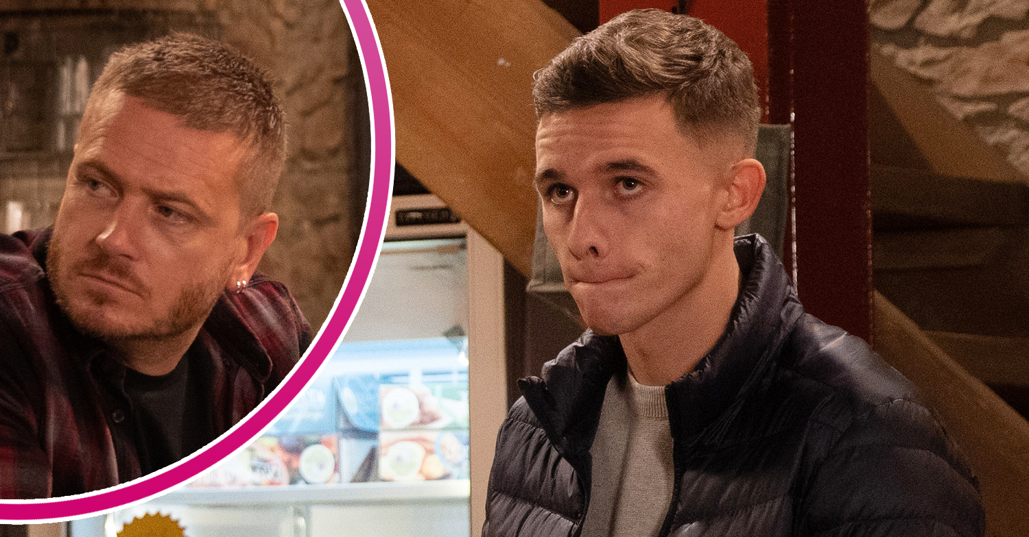 Emmerdale's Jacob is looking guilty and, in a bubble, David is looking upset