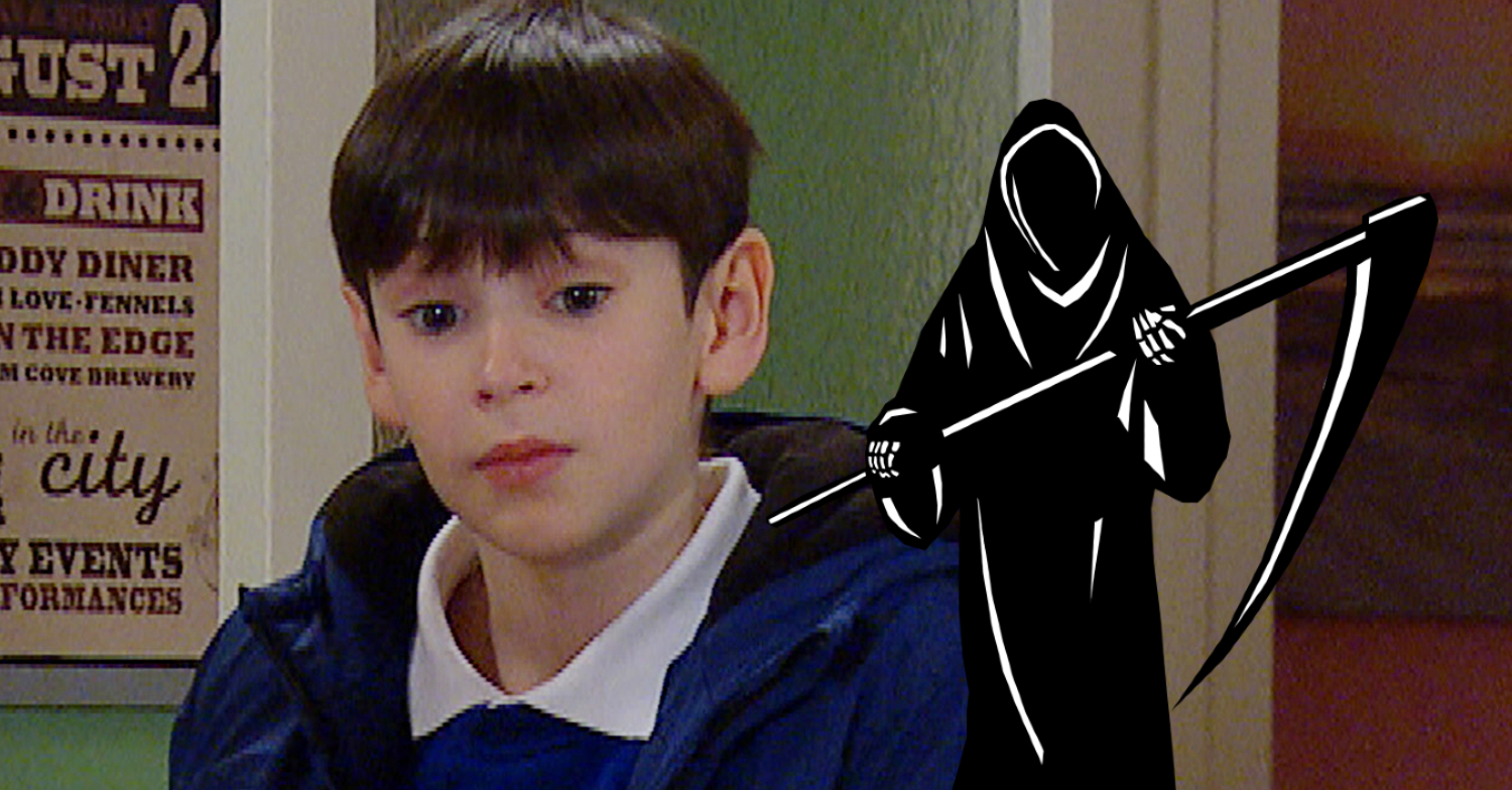 Emmerdale's Kyle's gaze is transfixed with a grim reaper silhouette next to him