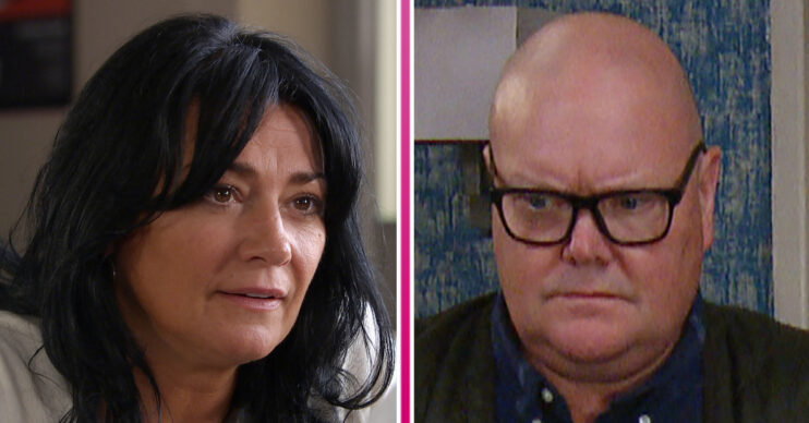 Emmerdale's Moira is looking serious and Paddy is looking confused