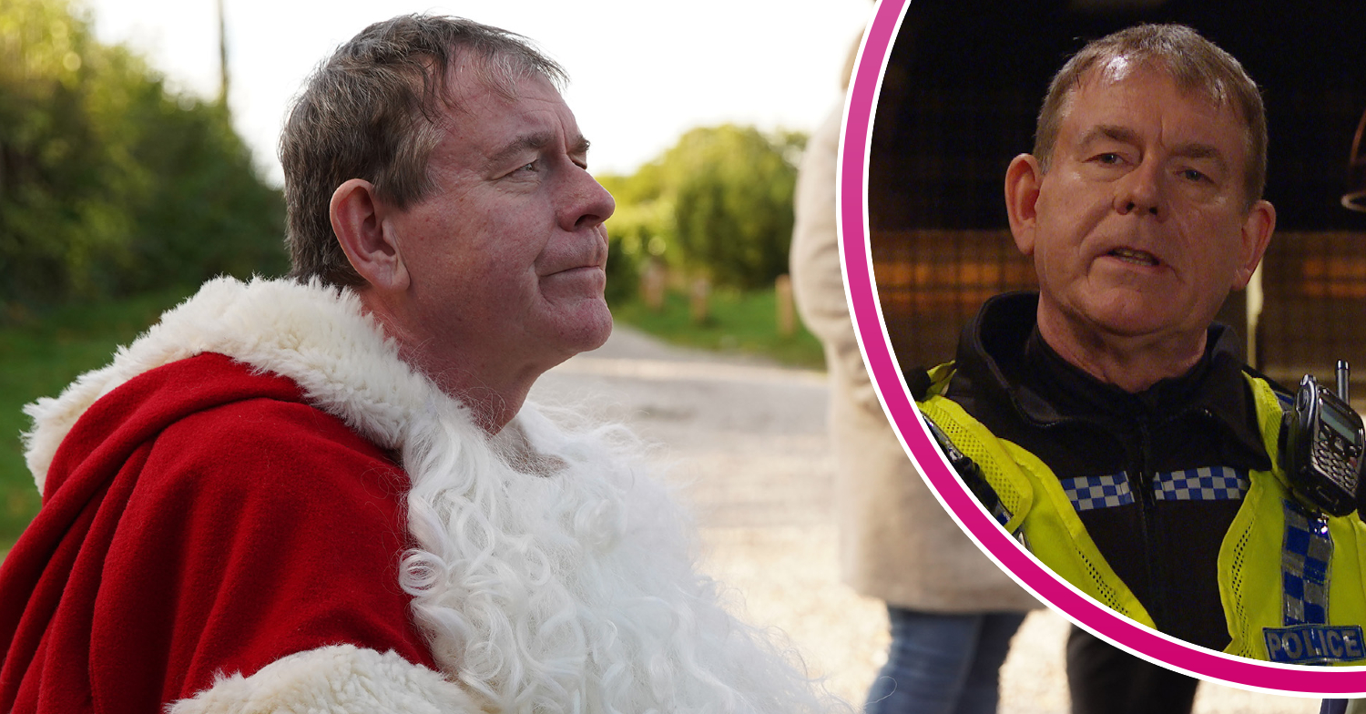 Emmerdale's PC Swirling is dressed as Santa with not hat on and his beard pulled down and, in a bubble, PC Swirling is in his police uniform