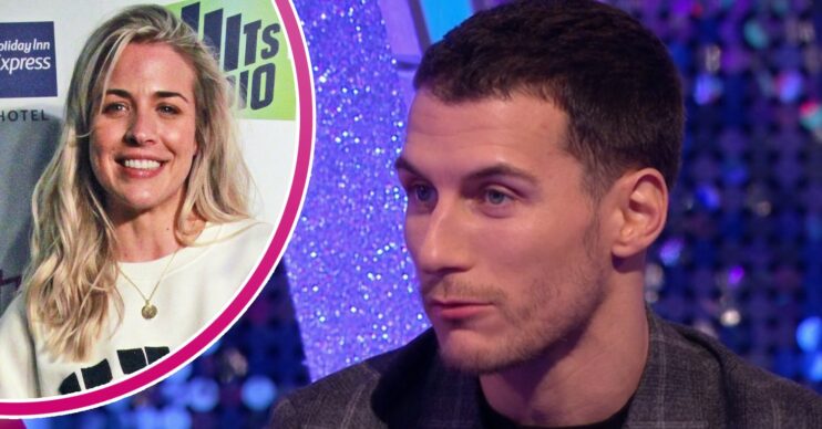 Gemma Atkinson smiling at event, Gorka Marquez talking on Strictly It Takes Two