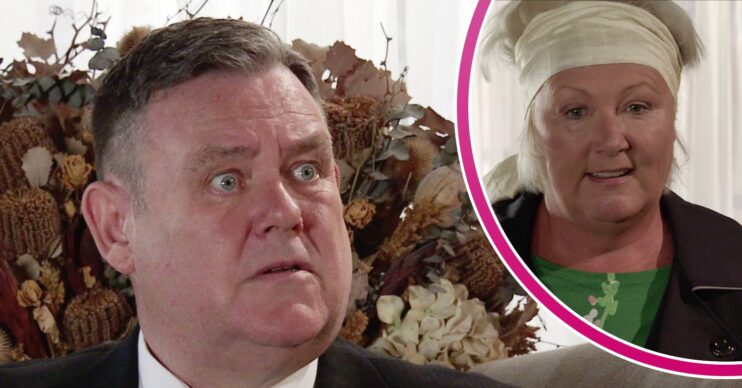 George looking worried and Eileen smiling in Coronation Street