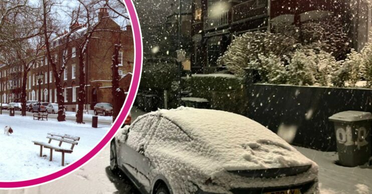 Car covered in snow and image of snowy town in the UK