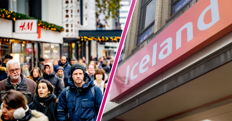 Shoppers out Christmas shopping and the Iceland store front