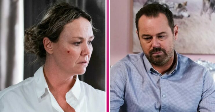 Janine looking upset and Mick looking fed up in EastEnders