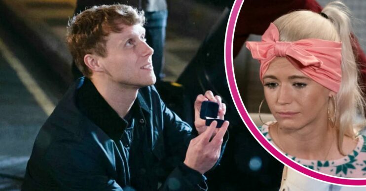 Jay, down on one knee, proposing to Lola; inset, she looks upset (Credit: BBC/Composite: Entertainment Daily)
