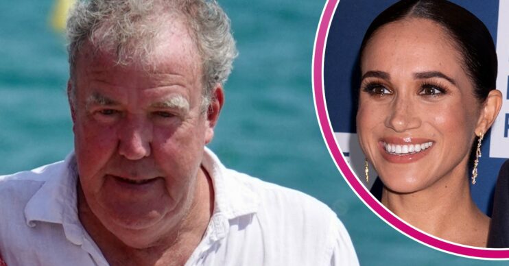 Jeremy Clarkson looks down, Meghan Markle smiles