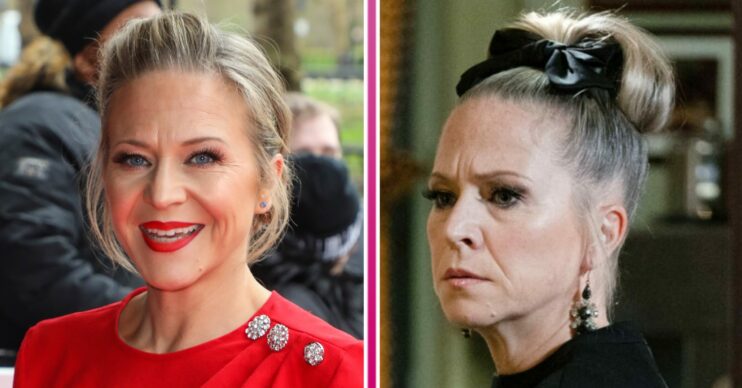 Composite image of Kellie Bright, smiling; then, her scowling as Linda on EastEnders