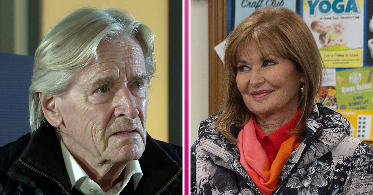 Ken looking worried and Martha smiling in Coronation Street
