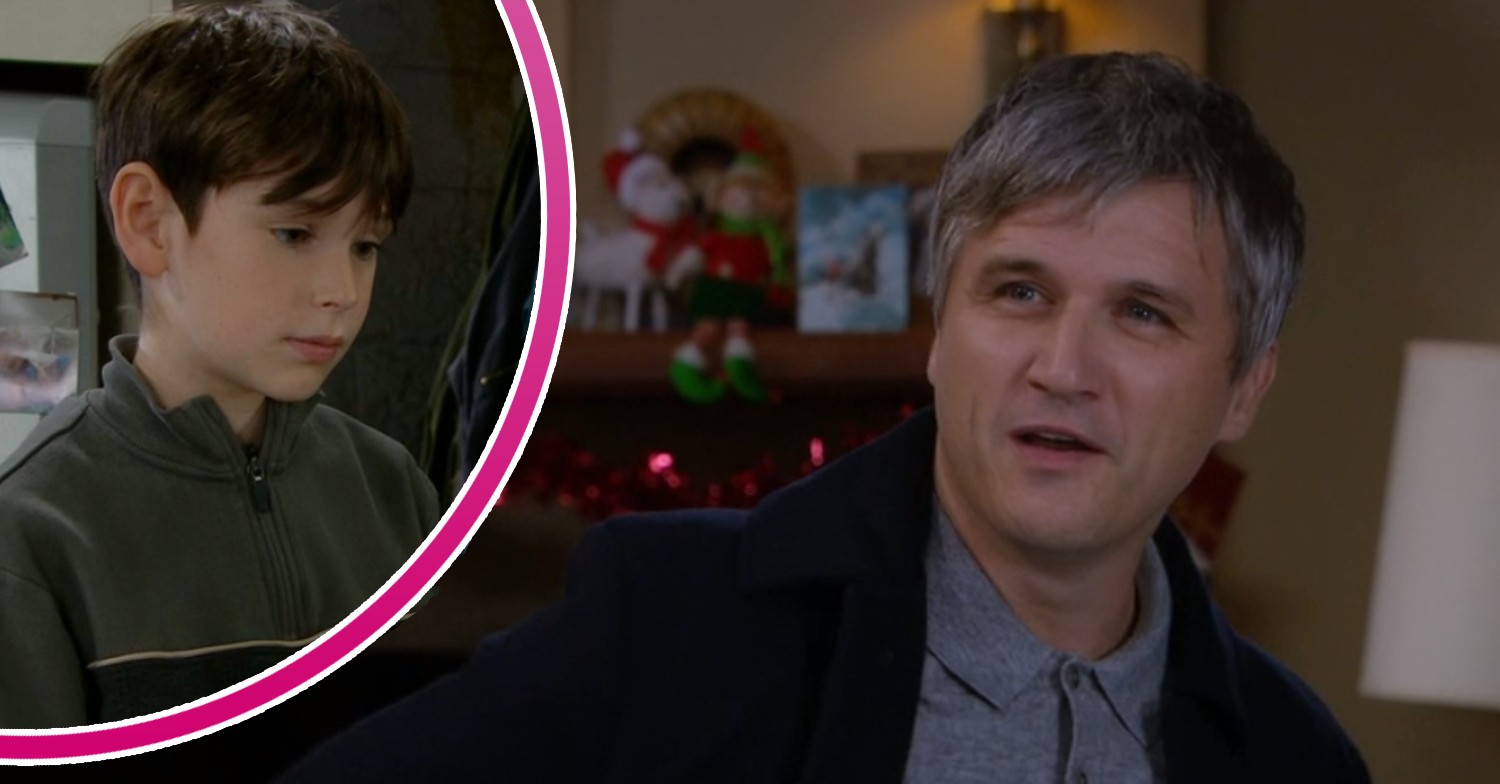 Kyle looking worried and Caleb looking shocked in Emmerdale