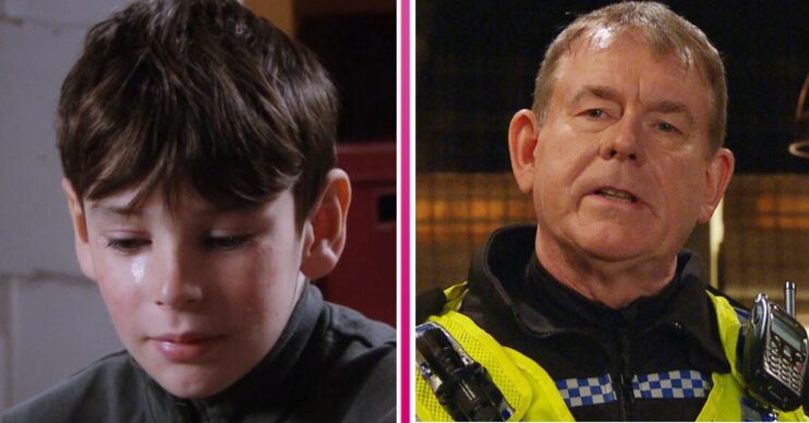 Kyle crying, next to an image of PC Swirling in his uniform on Emmerdale (Credit: ITV/Composite: Entertainment Daily)