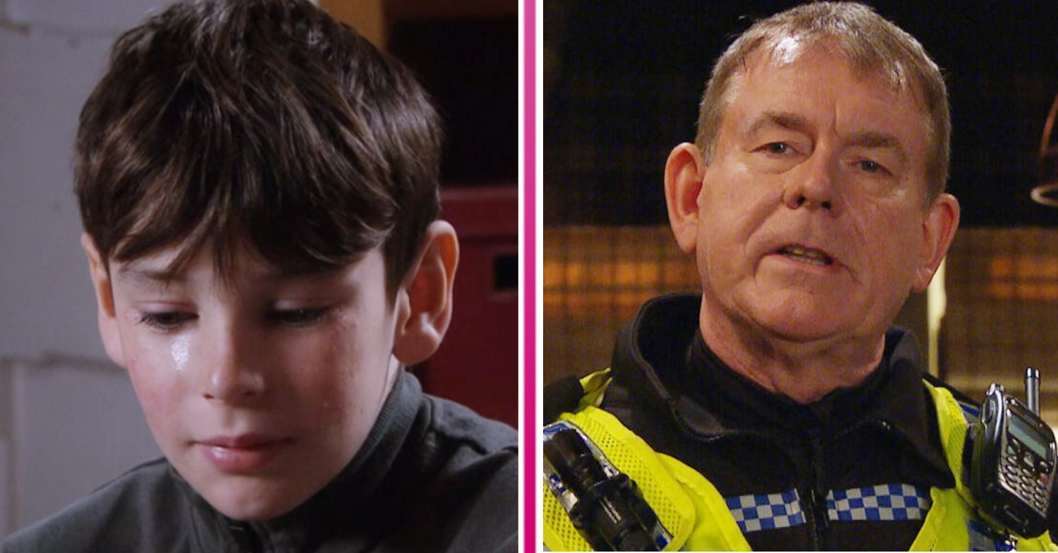 Kyle crying, next to an image of PC Swirling in his uniform on Emmerdale (Credit: ITV/Composite: Entertainment Daily)