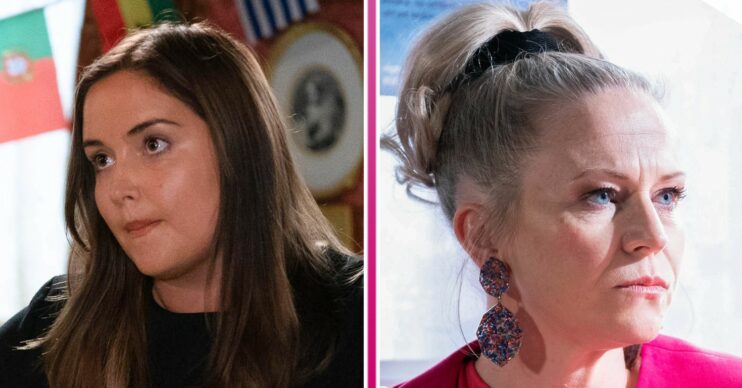 Lauren Branning looking annoyed and Linda Carter looking scared in EastEnders