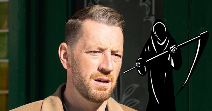 Coronation Street's Laurence is looking serious with a grim reaper silhouette next to him