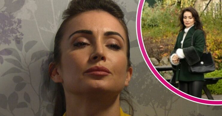 Leyla looks miserable on Emmerdale; inset, standing alone and desolate in the street (Credit: ITV/Composite: Entertainment Daily)