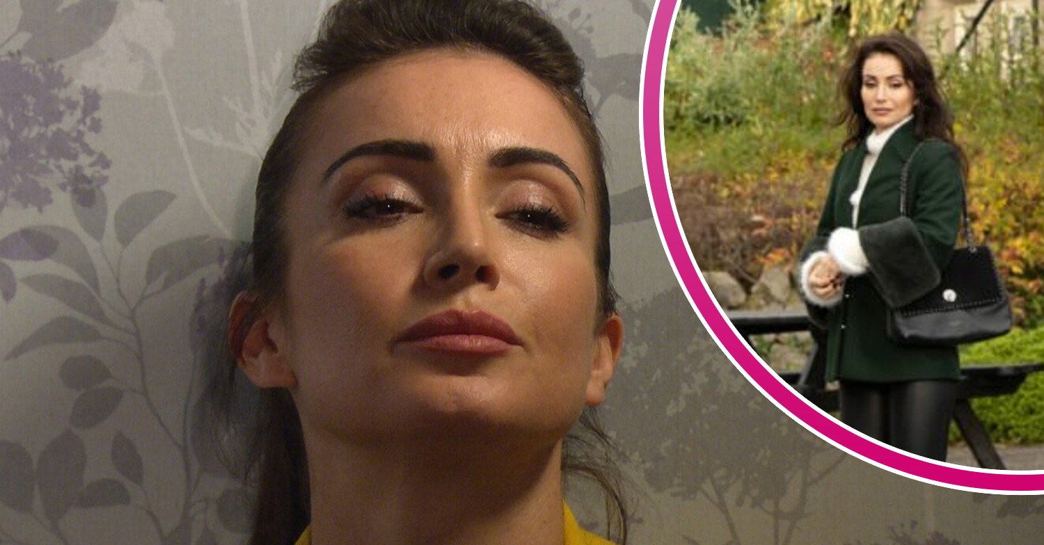 Leyla looks miserable on Emmerdale; inset, standing alone and desolate in the street (Credit: ITV/Composite: Entertainment Daily)