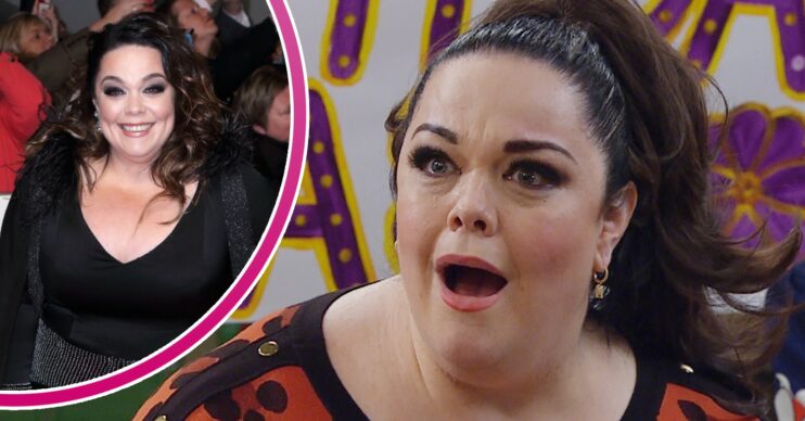 Lisa Riley smiling on the red carpet at the NTAs and Mandy Dingle looking shocked in Emmerdale