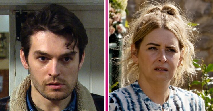 Mack looking worried and Charity looking upset in Emmerdale