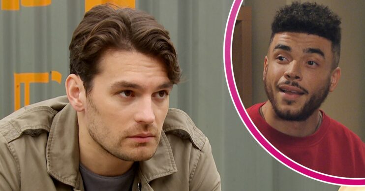 Mack looking worried and Nate smiling in Emmerdale
