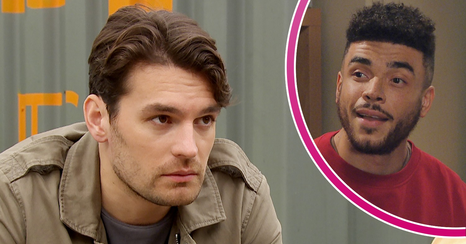 Mack looking worried and Nate smiling in Emmerdale