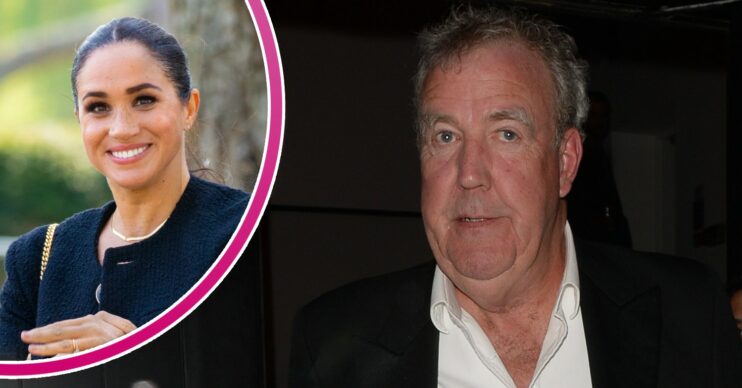 Meghan Markle smiling and Jeremy Clarkson looking worried