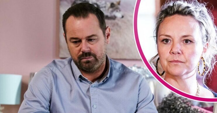 Mick Carter, looking stressed and worried on EastEnders; inset, to the left, Janine looks angry in EastEnders