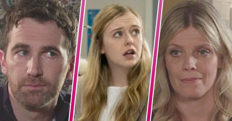 Mike looking suspicious, Summer looking worried and Esther smiling in Coronation Street