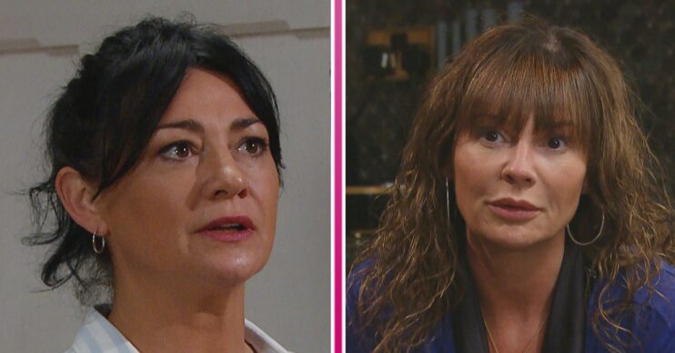 Moira looking worried and Chas looking scared in Emmerdale