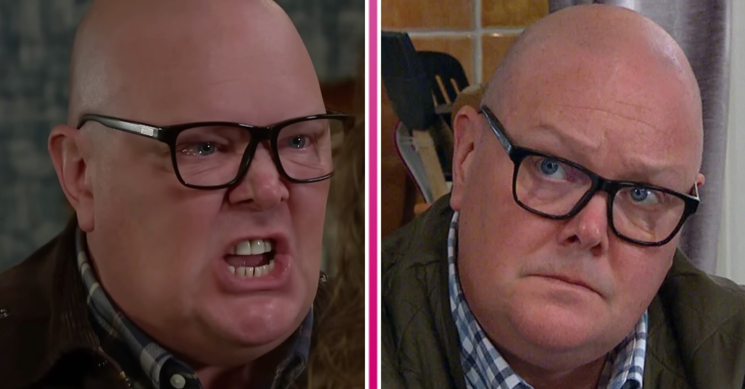 Paddy shouting and angry on Emmerdale; to the right, another image, Paddy looking sad (Credit: ITV/Composite: Entertainment Daily)