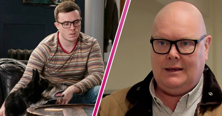 Vinny sits sadly with his dog, Chip. In the next image, Paddy looks guilty (Credit: ITV/Composite: Entertainment Daily)