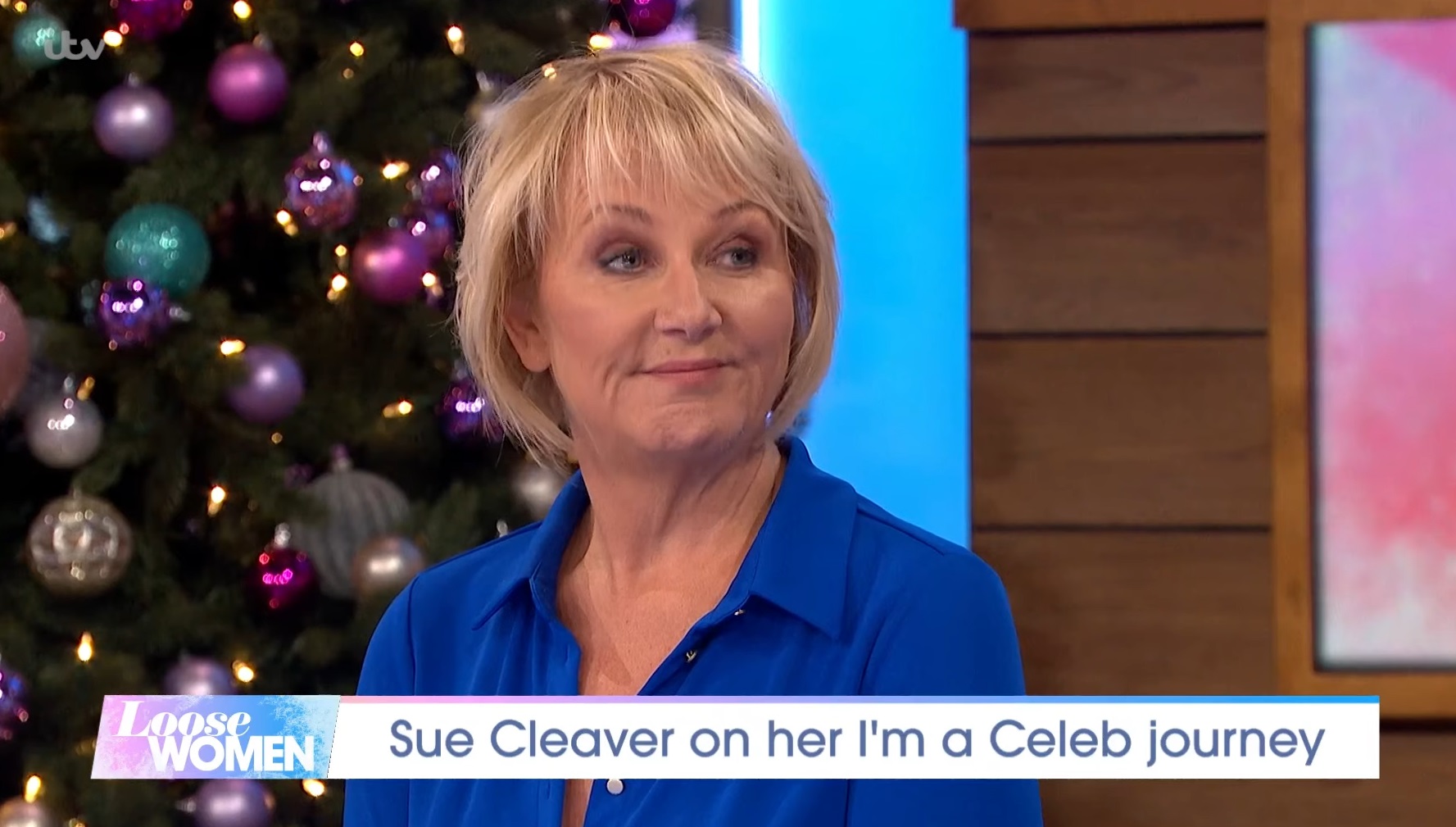 Sue Cleaver wearing blue on Loose Women