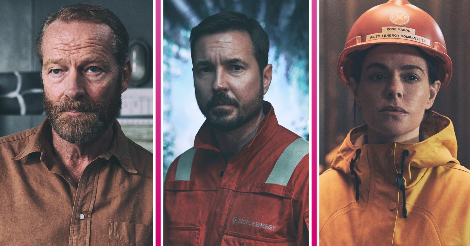 Three characters from The Rig in uniforms