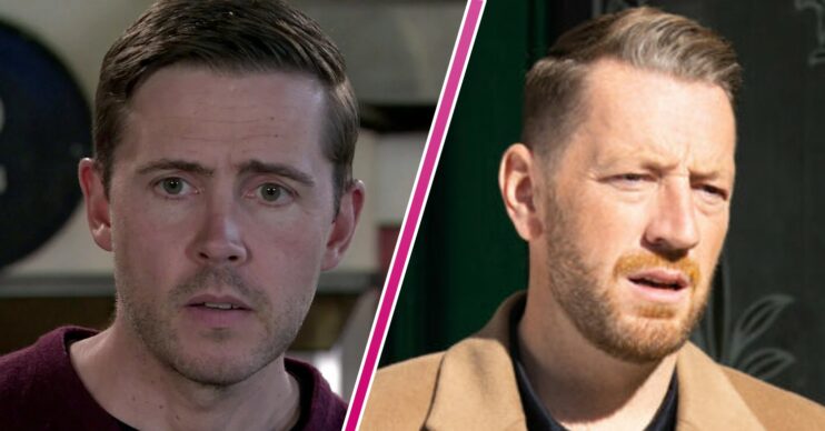Composite image of Todd, looking worried, and Laurence, seeming annoyed, on Coronation Street (Credit: ITV/Composite: Entertainment Daily(