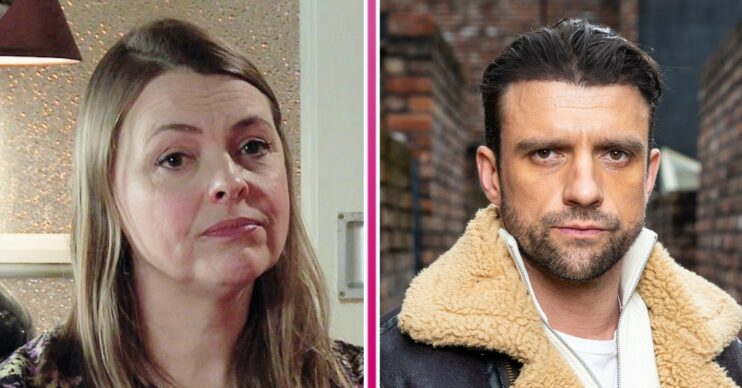 Tracy McDonald looking worried and Damon looking serious in Coronation Street