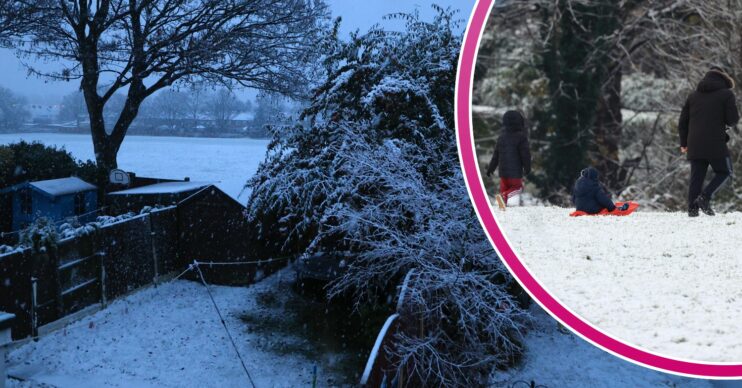 People enjoying UK snowy weather and snow covers ground