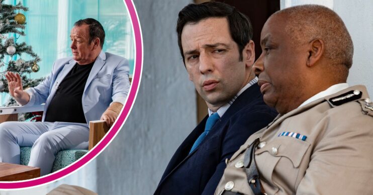 Les Dennis, Ralf Little and Don Warrington in character in Death in Paradise