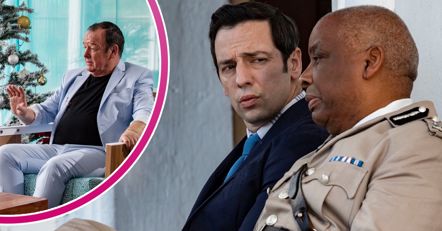 Les Dennis, Ralf Little and Don Warrington in character in Death in Paradise