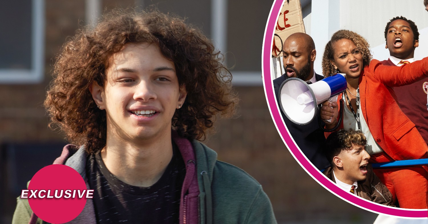 Danny smiling and Kim in a crowd of kids in Waterloo Road with exclusive bubble