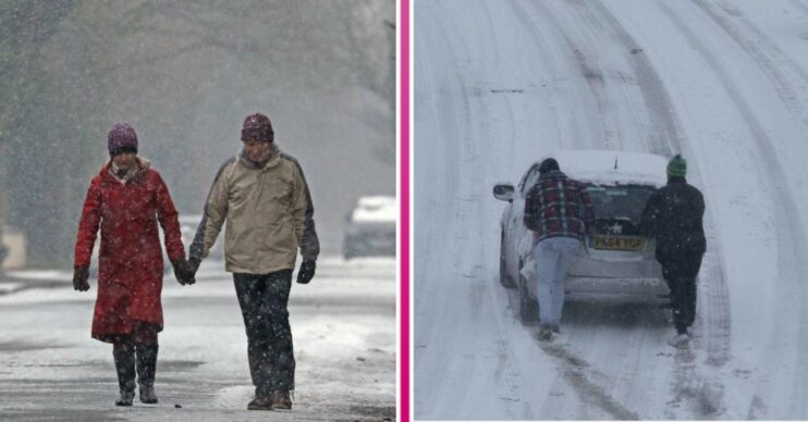People walking and pushing a car in the UK snow weather