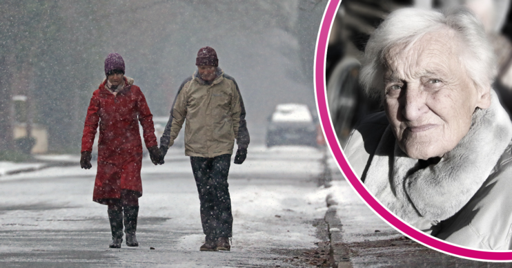 Two elderly people in the snow and old lady inset